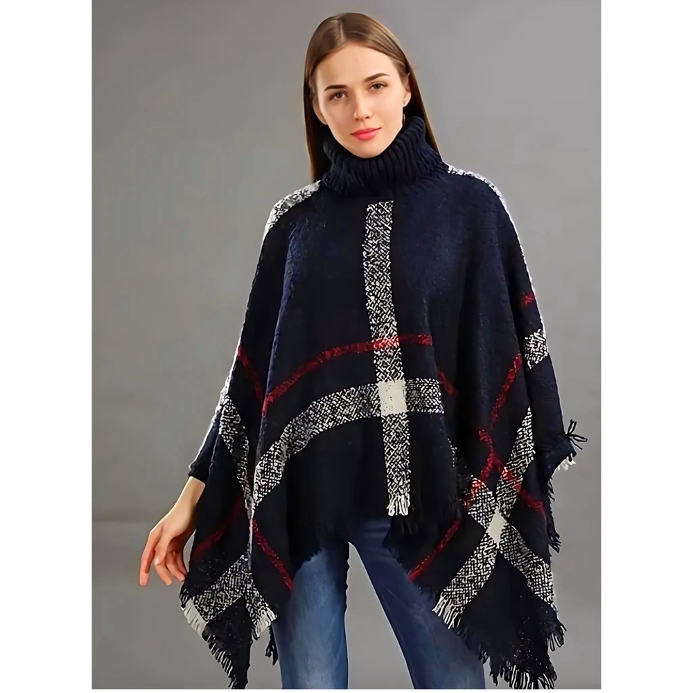 NEW! One Size Navy Blue Cozy Loose Turtleneck Plaid Super Soft Poncho! - Picture 3 of 5